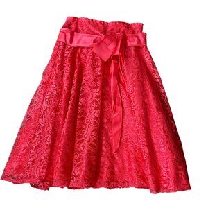 Vintage Pink Lace Midi Skirt Satin Ribbon Belt & Floral Pattern Homemade